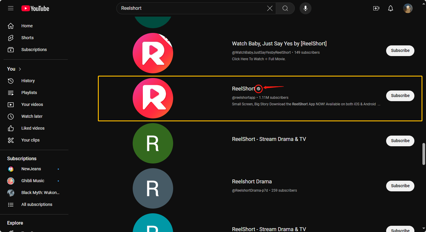 Choose the ReelShort channel with the Verified icon