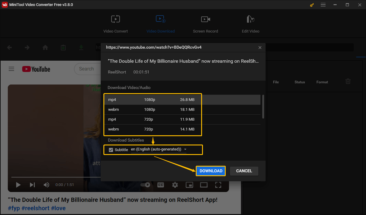 Select the format and resolution, choose whether to download subtitles, and click DOWNLOAD button to start downloading