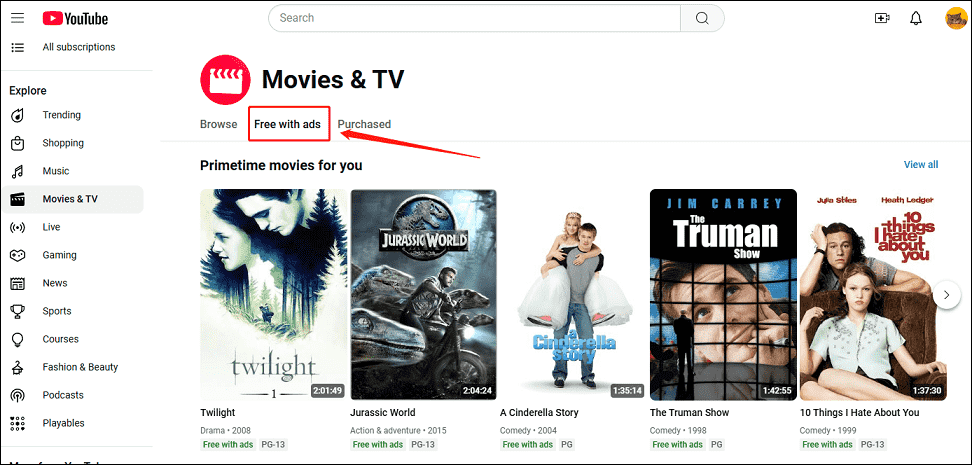 Select Free with ads to watch free romantic movies with ads on YouTube