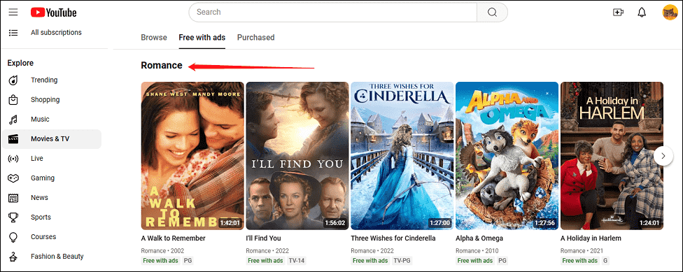 Find the Romance category to find the free romantic movies you want to see on YouTube