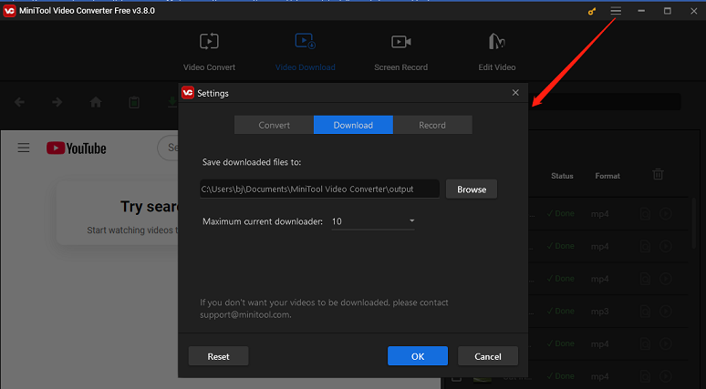 Change the save folder for the downloaded movies and maximum current downloader in MiniTool Video Converter