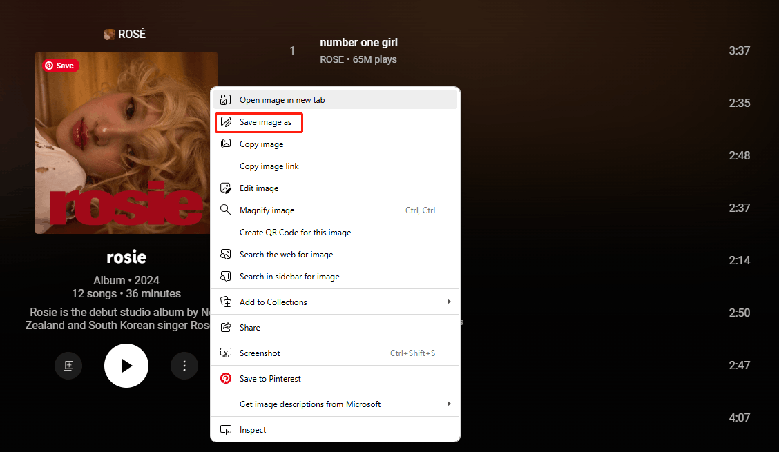 Hover over the album cover, right-click, and select Save image as from the drop-down menu