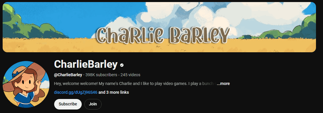 The channel homepage of CharlieBarley