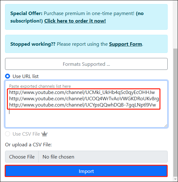 Paste the channel URL into the Use URL list box and click Import