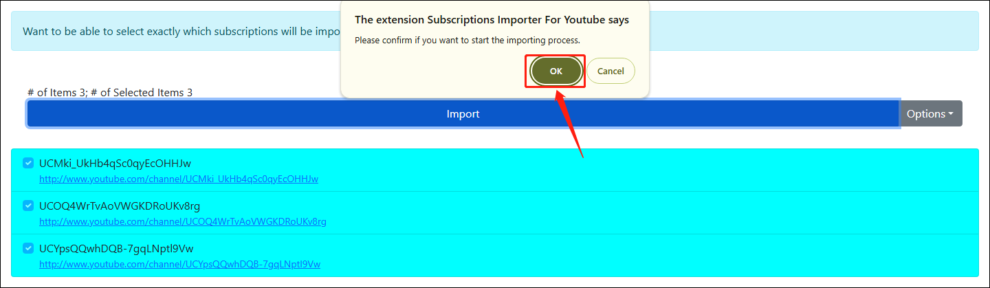 Click the Import button again and select OK in the message box