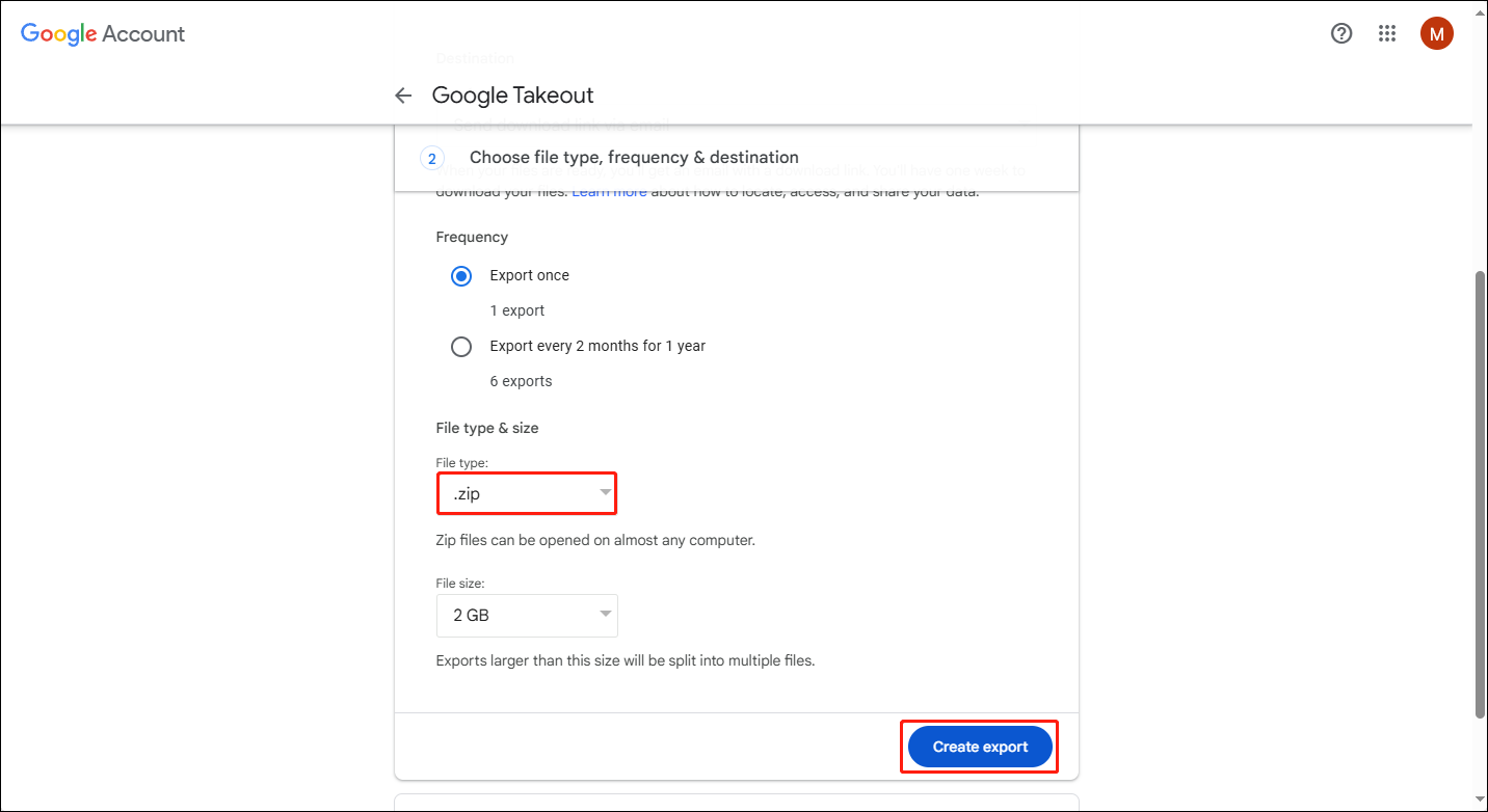 Choose the file type as .zip and click the Create export button