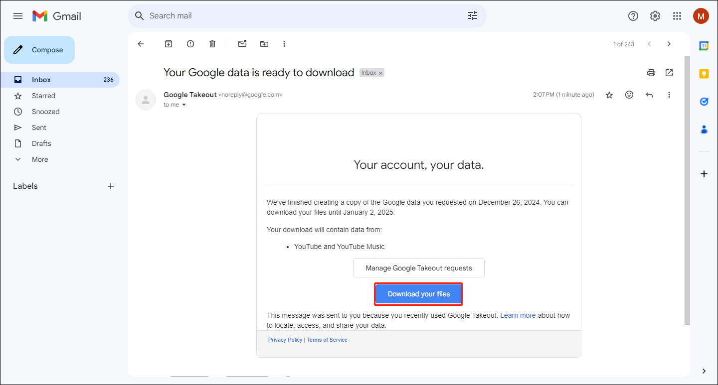 Open the mail from Google Takeout and click the Download your files button