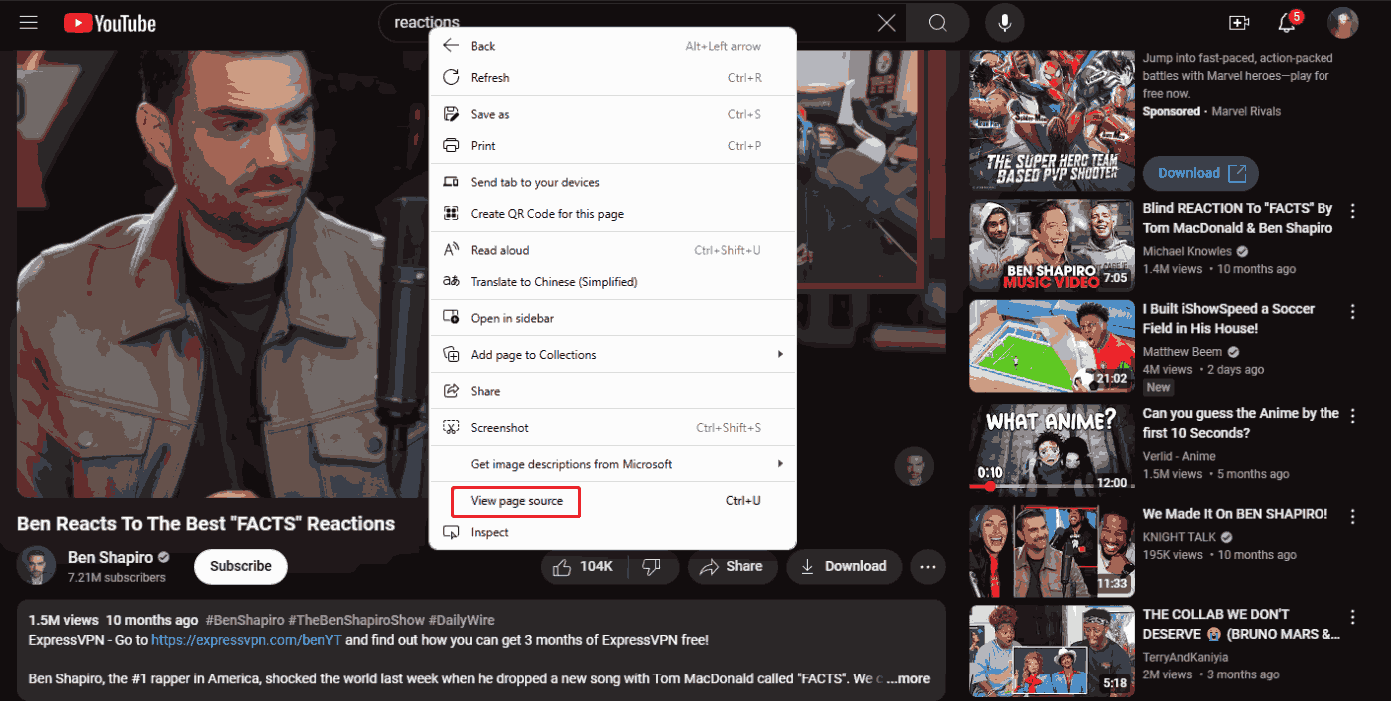 Right-click any blank space on the playback page and choose View page source from the drop-down menu