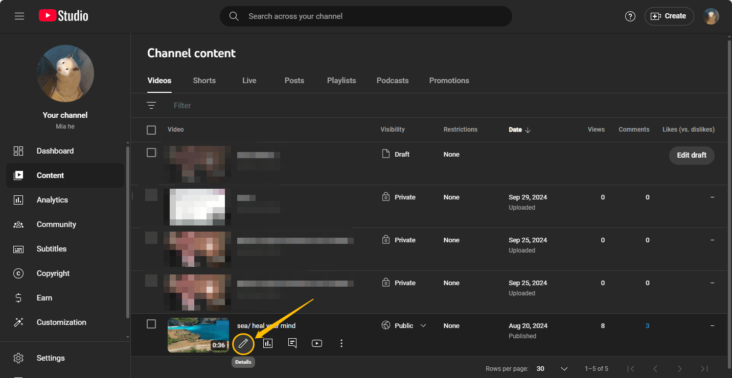 Find the video you want to edit and click the Details icon next to the video’s thumbnail