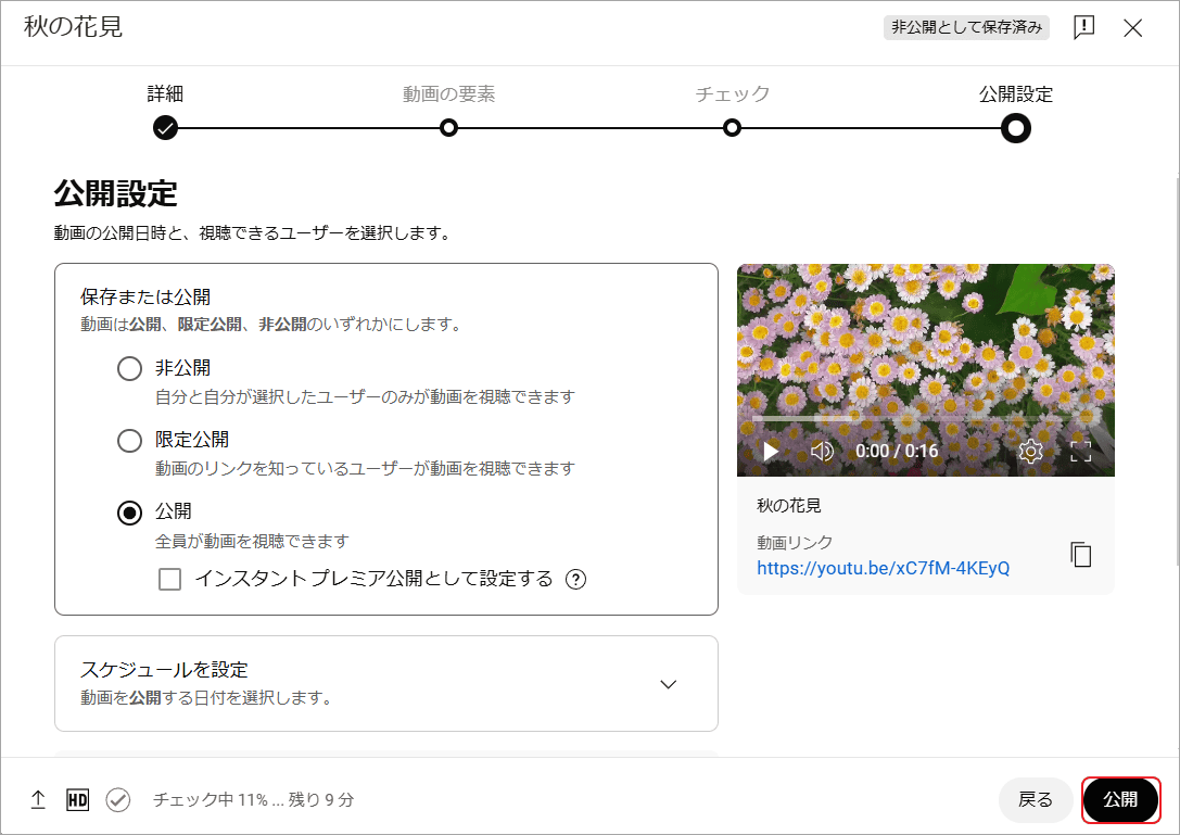 動画の詳細を設定して「公開」をクリック