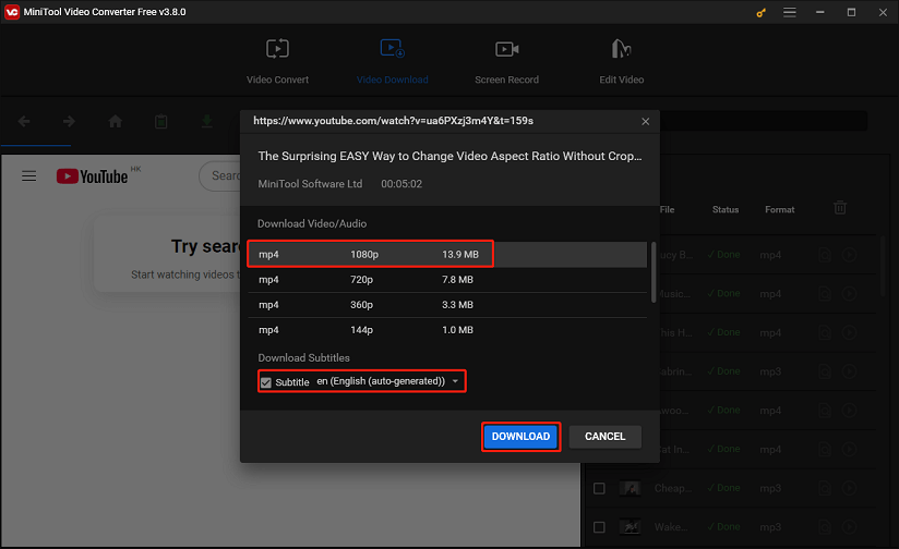 Select the output format, choose whether to download its subtitles, and click on DOWNLOAD