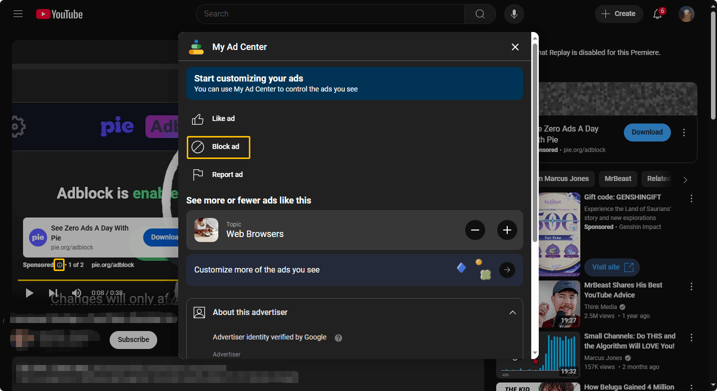 Choose the Block ad option in the My Ad Center window