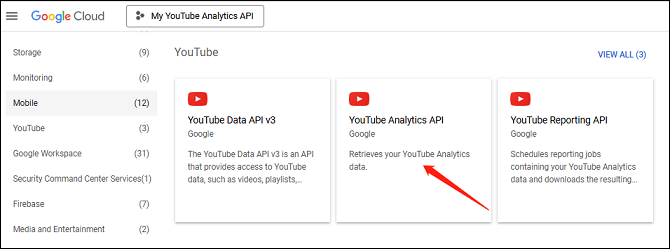 Find YouTube Analytics API and click it