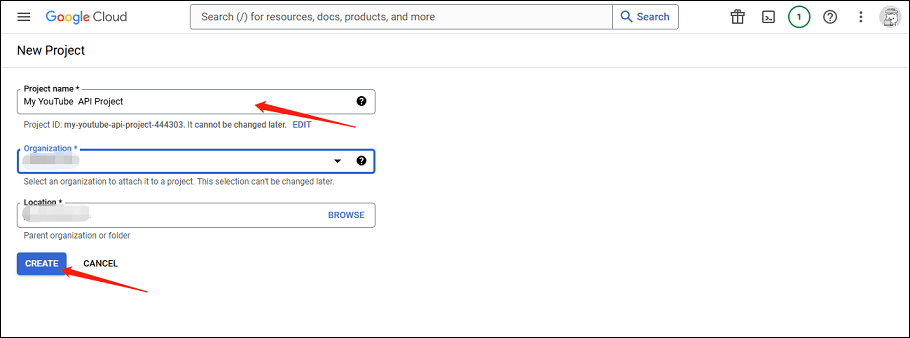 Give your project a name and click on CREATE under the Google Cloud console