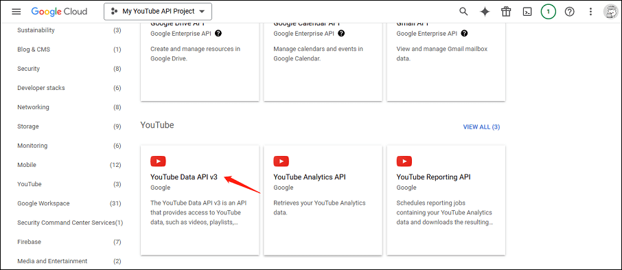 Scroll down to find YouTube Data API v3 and click on it under Google Cloud