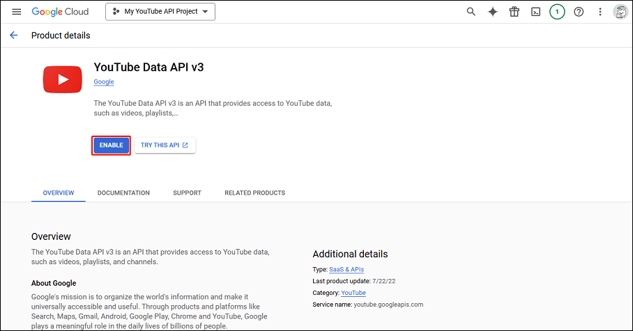 Click ENABLE to enable the API for your project under Google Cloud