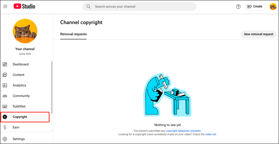 Select the Copyright tab on the left-hand menu under YouTube Studio