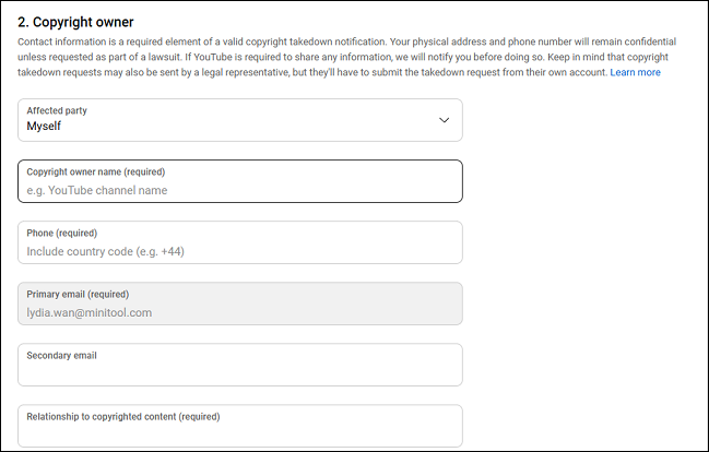 Fill in the Copyright owner section to provide information about the copyright owner