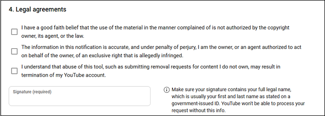 Check the boxes under Legal agreements and give your signature