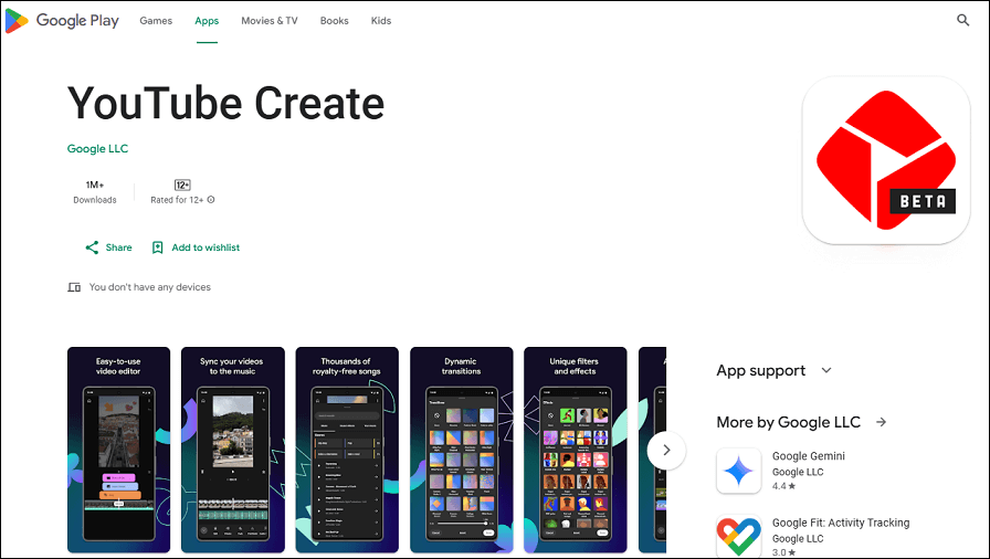 The YouTube Create app on the Google Play Store