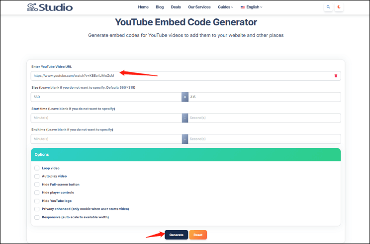 Generate the embed code for the YouTube video using SEOStudio’s YouTube Embed Code Generator