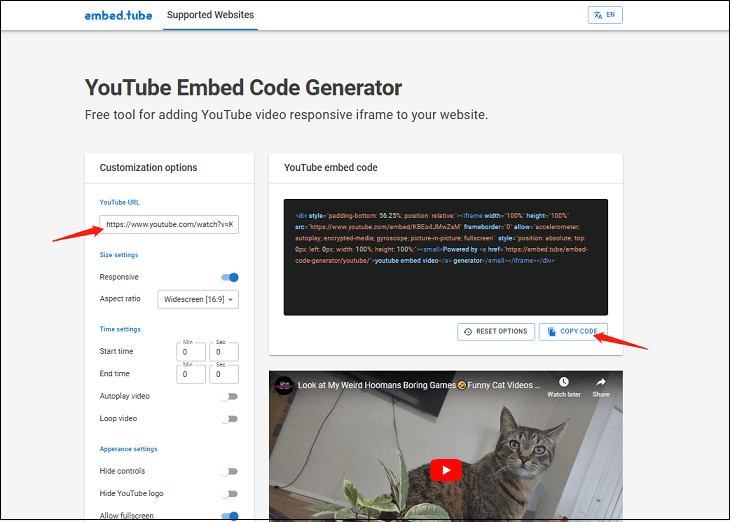 Generate YouTube video embed code with embed.tube YouTube Embed Code Generator