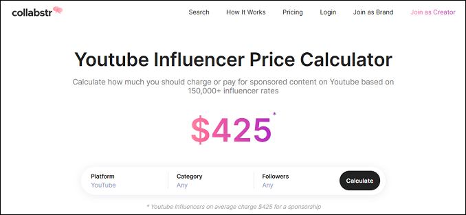 Calculate YouTube influencer pricing with Collabstr