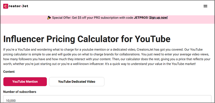 Use CreatorsJet to calculate YouTube influencer pricing