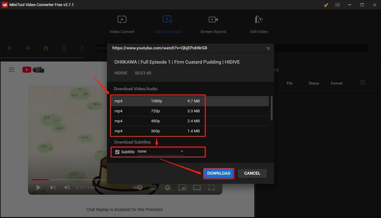 Select an output format, choose whether to download subtitles, and then click DOWNLOAD