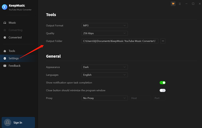 Click on Settings to customize the output format in KeepMusic YouTube Music Converter