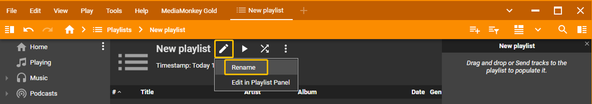 Click the edit icon at the top of the playlist and select Rename to change the name of the playlist