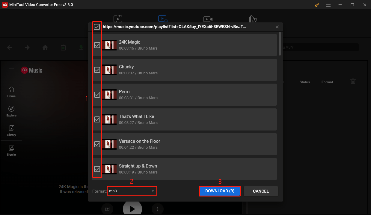 Select songs you want to download, choose output format, and click DOWNLOAD