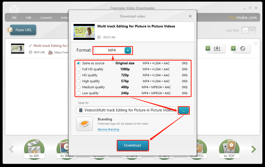 Choose an output format and video quality, select the save folder, and click the Download button