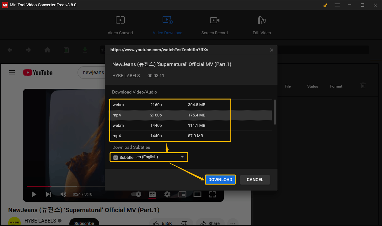 Choose an output format, choose whether to download subtitles, then click DOWNLOAD