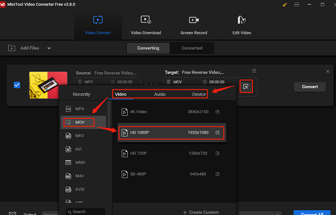 Click the diagonal arrow to find the wanted convert format in MiniTool Video Converter