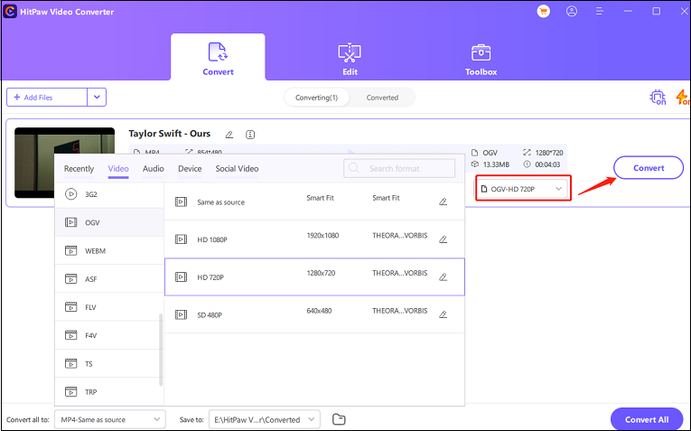 Choose OGV format and click on Convert in Hitpaw Video Converter