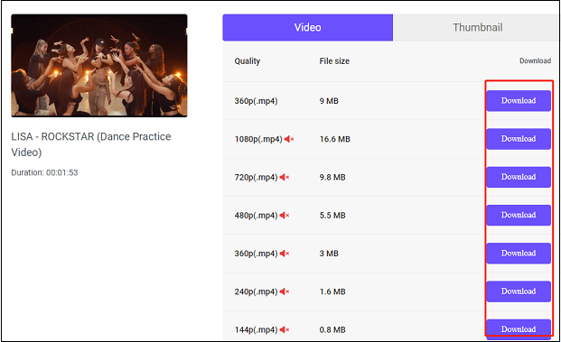 Wählen Sie eine gewünschte Formatoption und klicken Sie auf Download auf viddown.net.