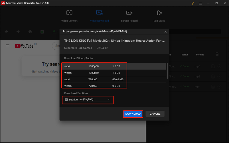 Choose the download format and quality, save its subtitles, and click on DOWNLOAD to start downloading in MiniTool Video Converter