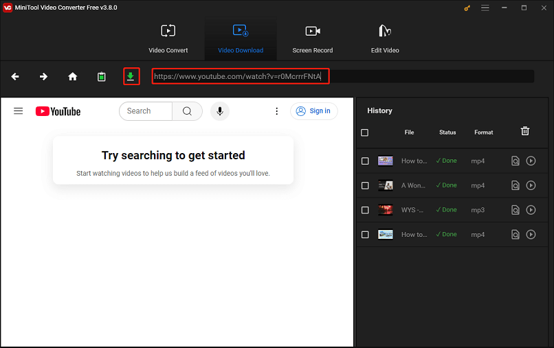 Paste the video link and click the Download icon in MiniTool Video Converter