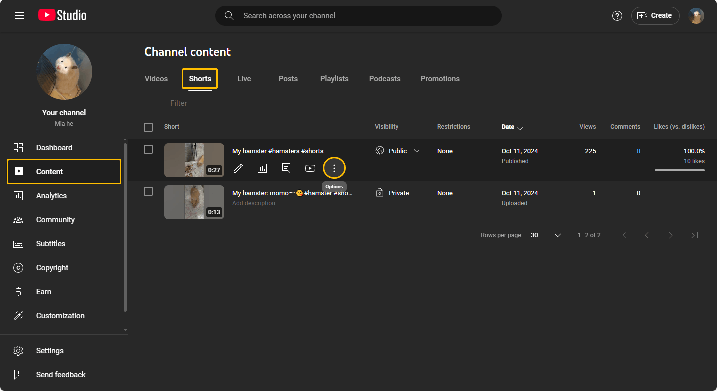 Choose Content on the left panel, choose the Shorts tab, and click the Options icon
