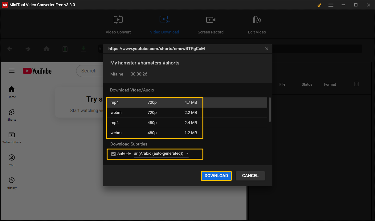 Select an output format, choose whether to download subtitles, choose DOWNLOAD button