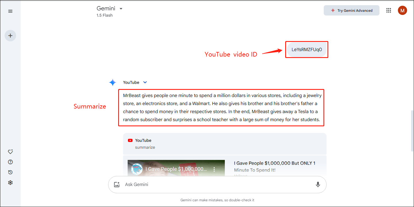 Ask Gemini to summarize the YouTube video