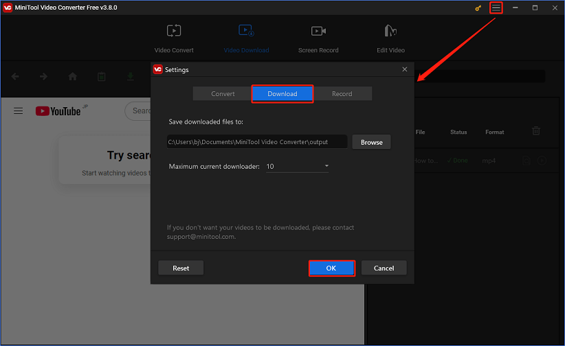 Adjust the save folder for the downloaded music and the maximum current downloaders in MiniTool Video Converter