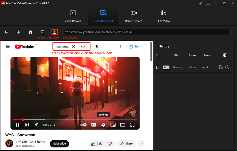 Enter keywords, click the search icon, and click the Download icon in MiniTool Video Converter