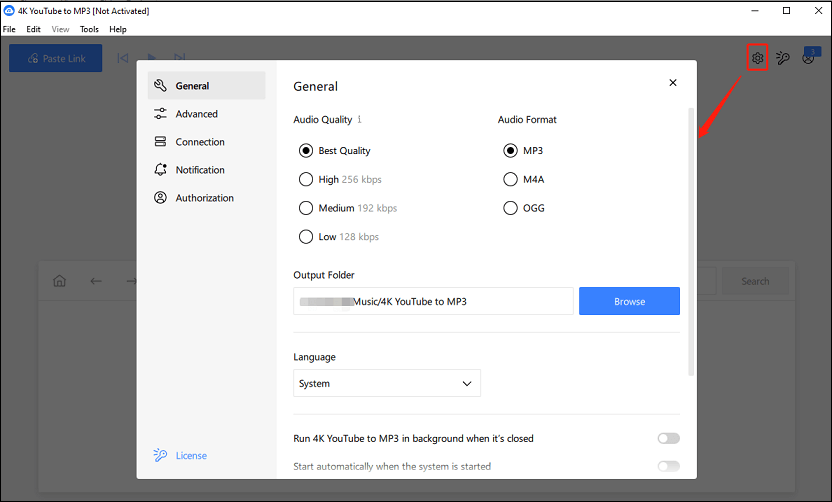 Click the gear icon to choose the audio format and output folder in 4K YouTube to MP3