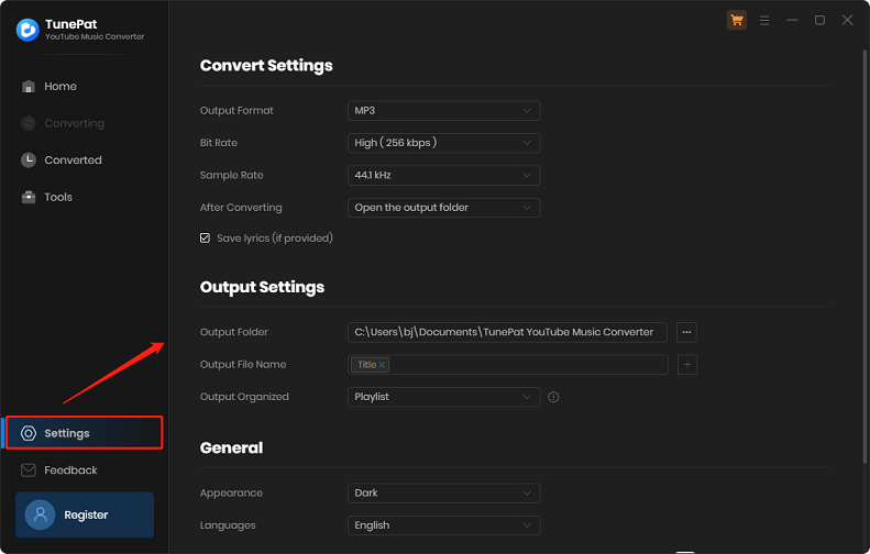 Click on Settings to specify some download settings in TunePat YouTube Music Converter