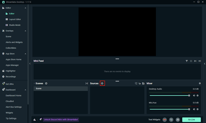 Click on the + button next to the Sources section to add a new source in Streamlabs