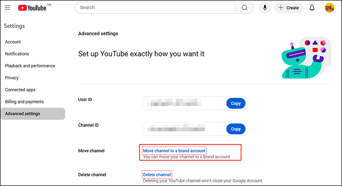 Click on Move channel to a brand account in your Advanced settings on YouTube