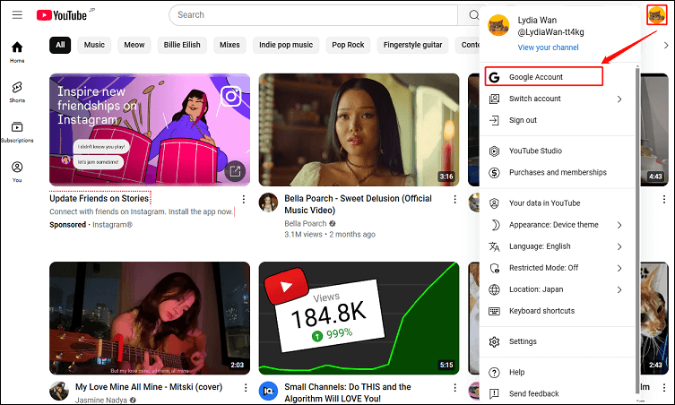 Click on your profile picture and choose Google Account on YouTube’s interface