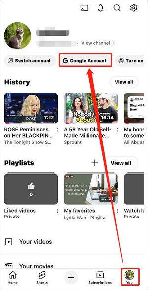 Click the You tab and click on Google Account on the YouTube app